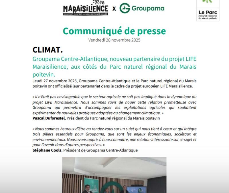 Communiqué de presse | Groupama Centre-Atlantique, nouveau partenaire du projet LIFE Maraisilience